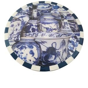 NEW Chinoiserie Decoupage Cake Stand Server Display Blue White Decor
